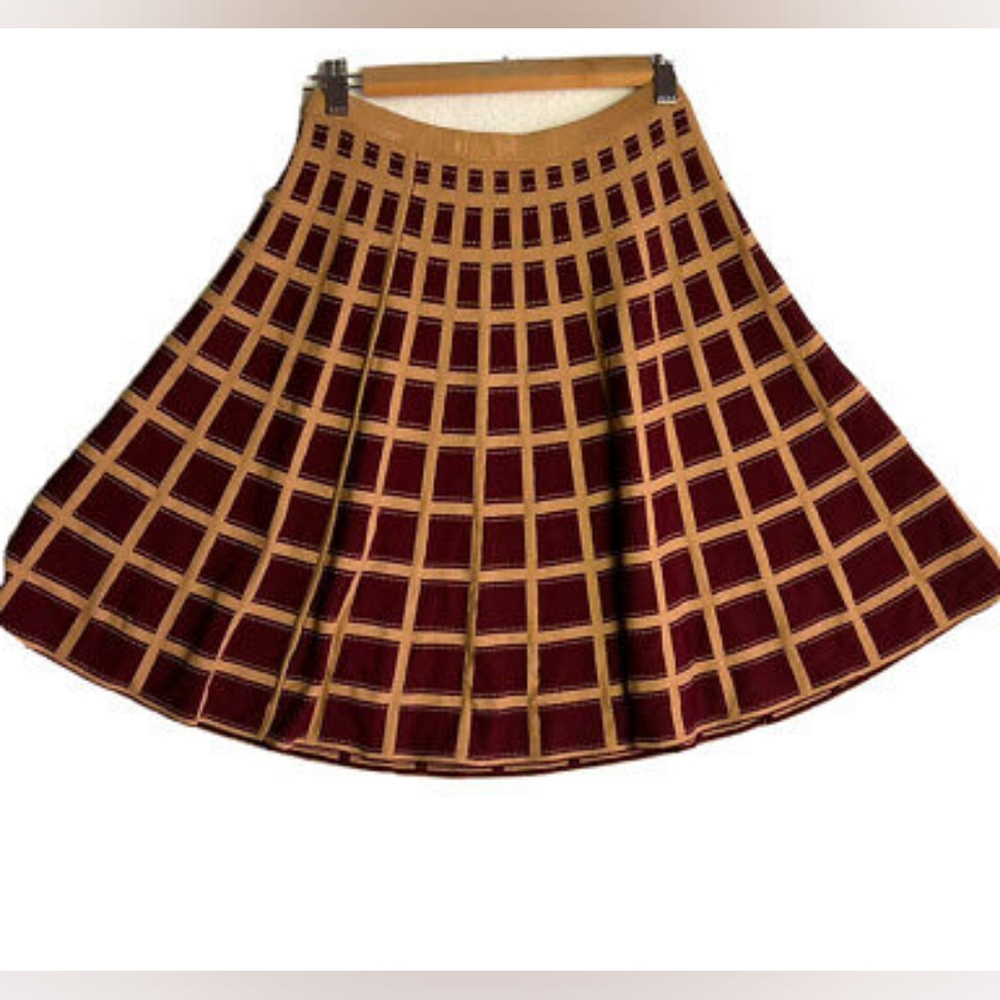 Anthropologie Moth Windowpane Plaid Burgundy Gold A-Line Skater Skirt